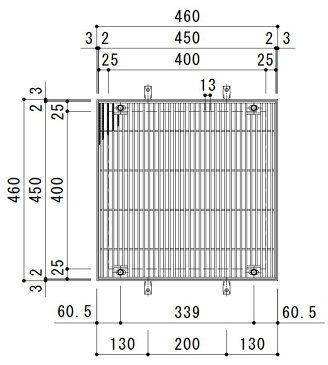 カネソウ　SUSグレーチング　落葉助っ人　ボルトキャップ付ボルト固定式滑り止め模様付集水桝用　(注番：SMQWL-DC-4525A-P=13 本体のみ)　すきま9mm　寸法：450×450×25「法人・事業所限定,直送元」【代引き不可】