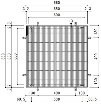 カネソウ　SUSグレーチング　落葉助っ人　ボルトキャップ付ボルト固定式滑り止め模様付集水桝用　(注番：SMQWL-DC-6550A-P=13 本体のみ)　すきま9mm　寸法：650×650×50「法人・事業所限定,直送元」【代引き不可】