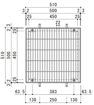 カネソウ SUSグレーチング 落葉助っ人バスケット付ボルトキャップ付ボルト固定式プレーンタイプ集水桝用 (注番:SMWL-DC-5520-P=22枠付+DK-450-S) すきま18mm 寸法:500×500×20 「法人・事業所限定,直送元」【代引き不可】