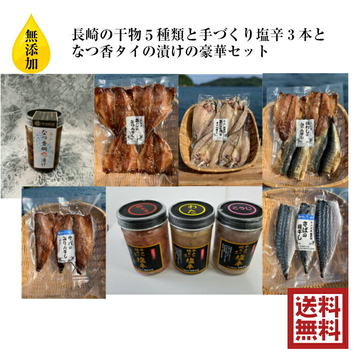 無添加 長崎 干物 5種類セット ＆ イカの塩辛 3種類 送料無料 平戸 なつ香 タイの漬け セット 鯛 鯵 鰯 鯖 たい マダイ 真鯛 お歳暮 お中元 ギフト 母の日