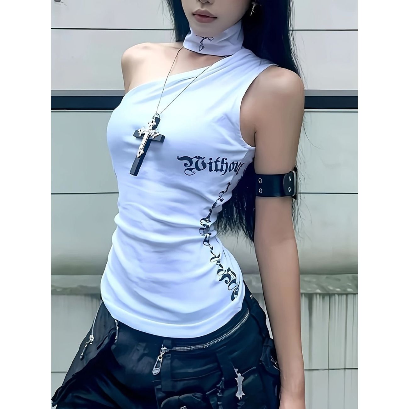 莱尚8180美式辣味露肩白色女士夏季修身无袖背心