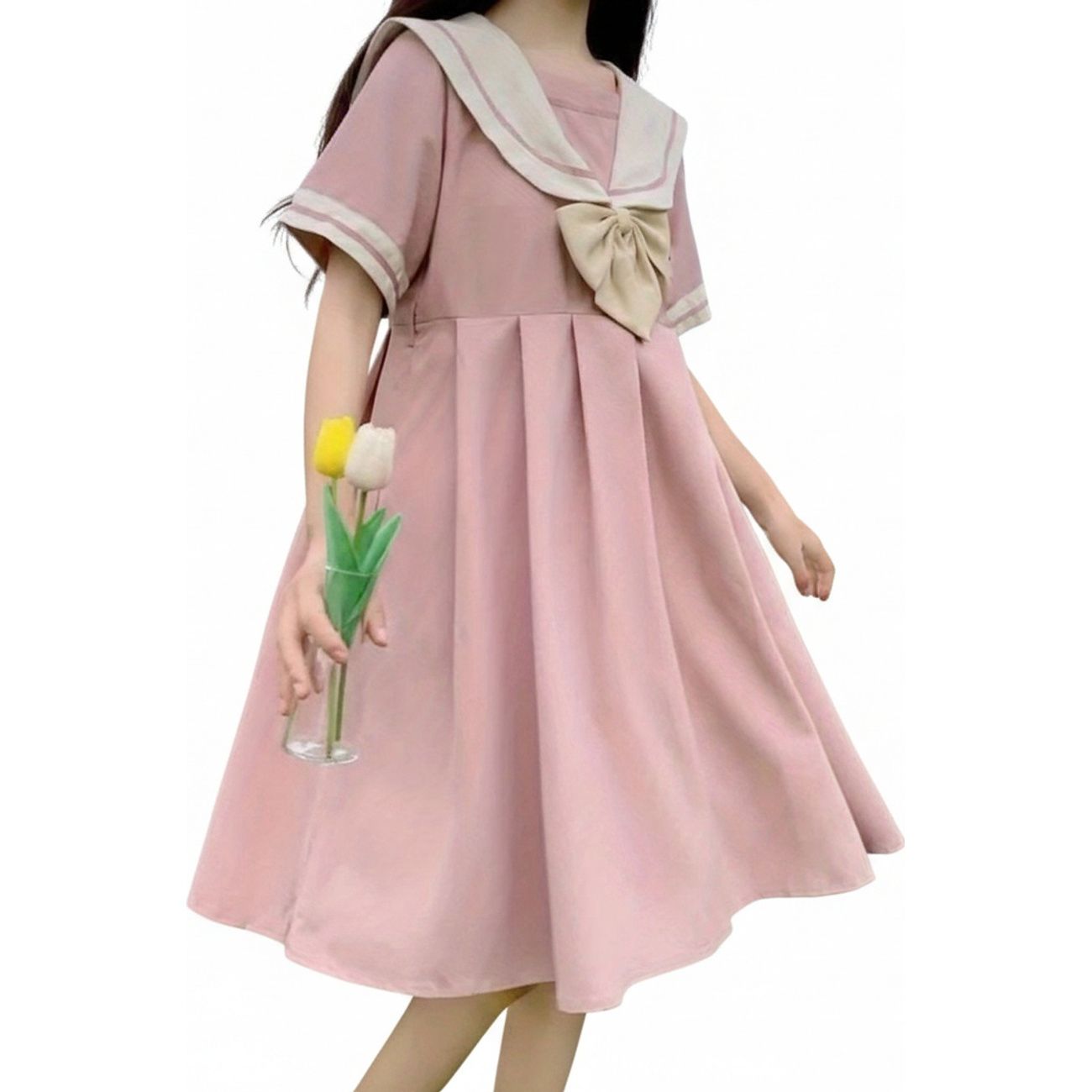 Rakuten - セーラー服風 ワンピース レディース 半袖 学院風 JK 制服風 リボン 可愛い Aライン 膝丈 清楚 ゆったり カジュアル 体型カバー 着痩せ 春 夏 通学 ピンク