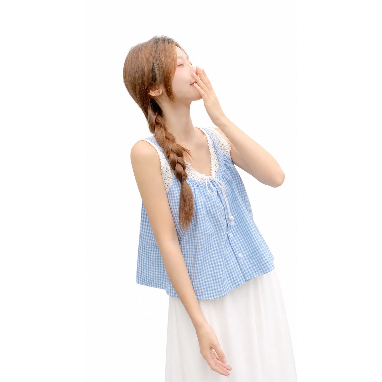 Rakuten - 【大人可愛い】 キャミソール レディース ギンガムチェック レース チュニック ブラウス チェック柄 ノースリーブ トップス タンク 重ね着 レイヤード ビスチェ 紐 リボン 前開き ボタン Vネック Aライン ゆったり 体型カバー 着痩せ きれいめ 爽やか 韓国 風 春 夏