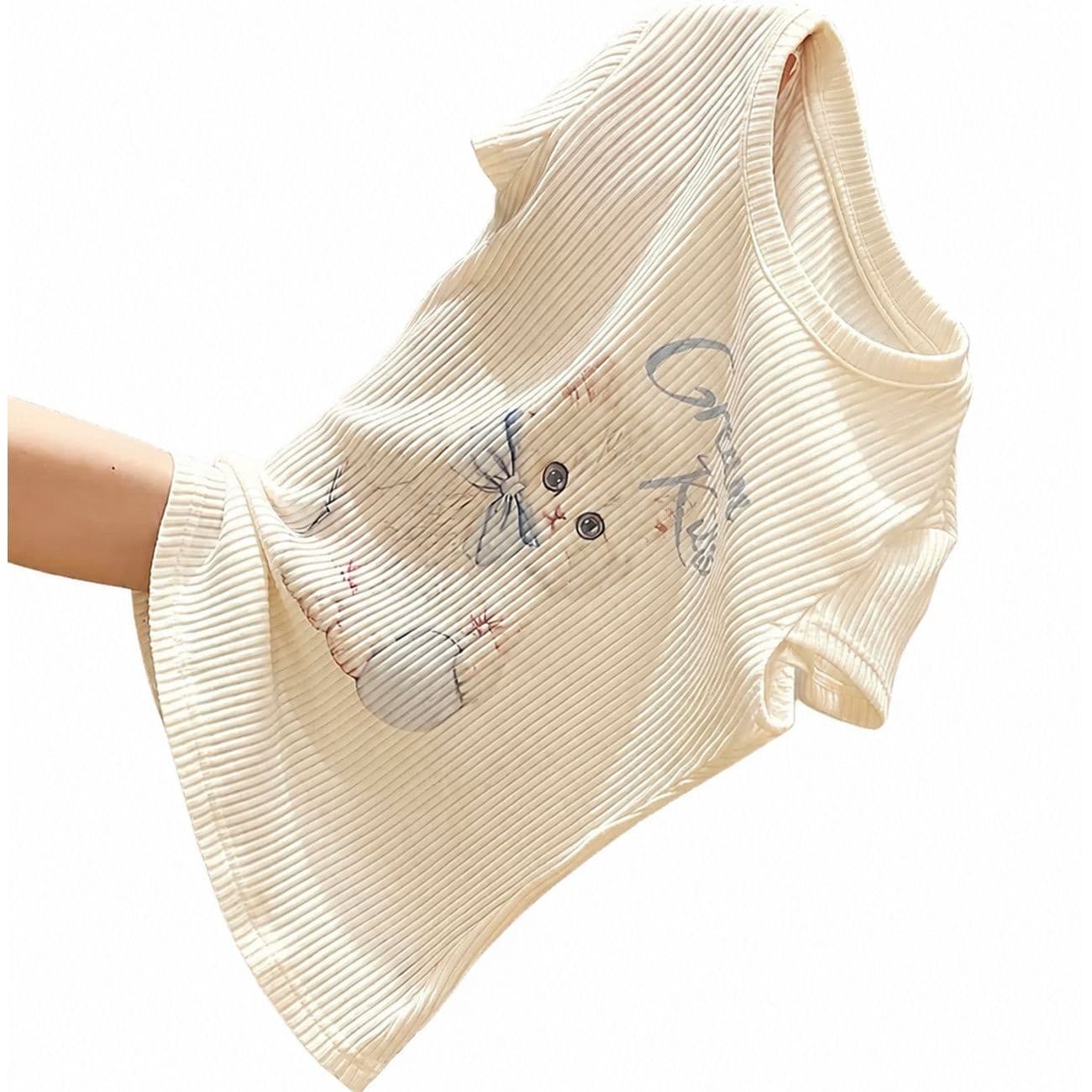 【猫プリント】tシャツ レディース 半袖 カットソー リブ トップス リブカットソー リブニット ネコ ねこ キャット クルーネック 丸首 タイト スリム フィット 伸縮性 ストレッチ インナー 重ね着 着痩せ 細見え カジュアル ガーリー 春 夏 通学