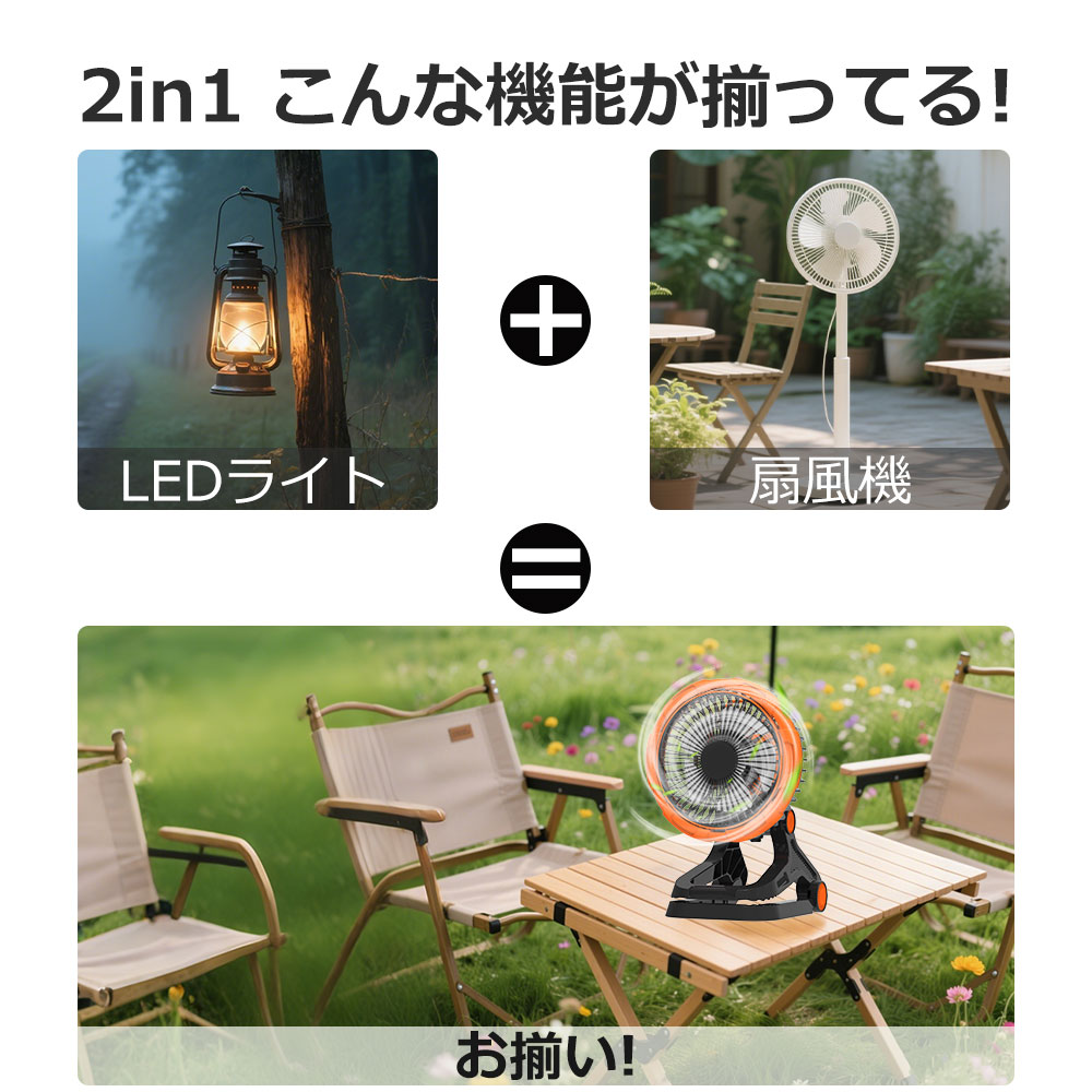 【多機能ファン＆20000mAh バッテリー】扇風機 クリップ 首振り アウトドア 風向調整可能 充電式 扇風機 左右360°調整 キャンプ 扇風機 DCモーター 軽量 低騒音 タイマー機能 風量無段階調節 LEDライト 調光調色 卓上 スタンド式 壁掛け 吊り下げ サーキュレーター