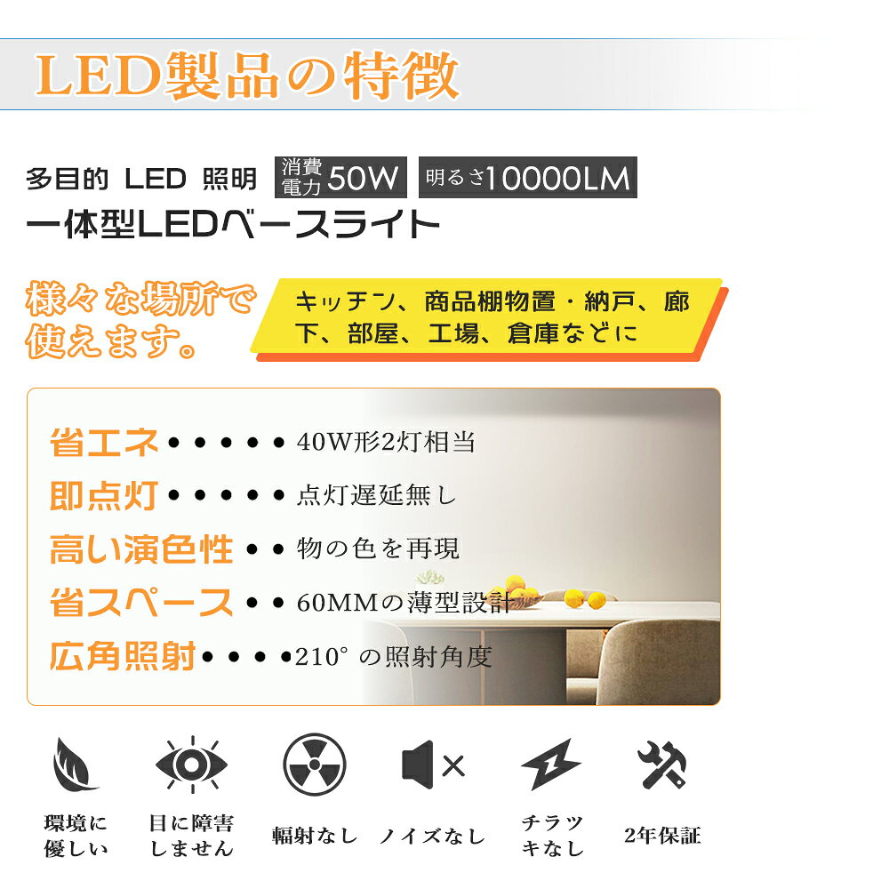 LEDベースライト トラフ型 器具一体型 40W型 2灯相当 天井照明 LED蛍光灯 天井直付型 直管蛍光灯 シーリング LED照明器具 直付 ベースライト シーリングライト キッチンライト 防震 防虫 天井用 LED施設照明 天井LED一体型 薄型 ベース照明 6000k 昼光色 スーパー/倉庫 40W型 [2]