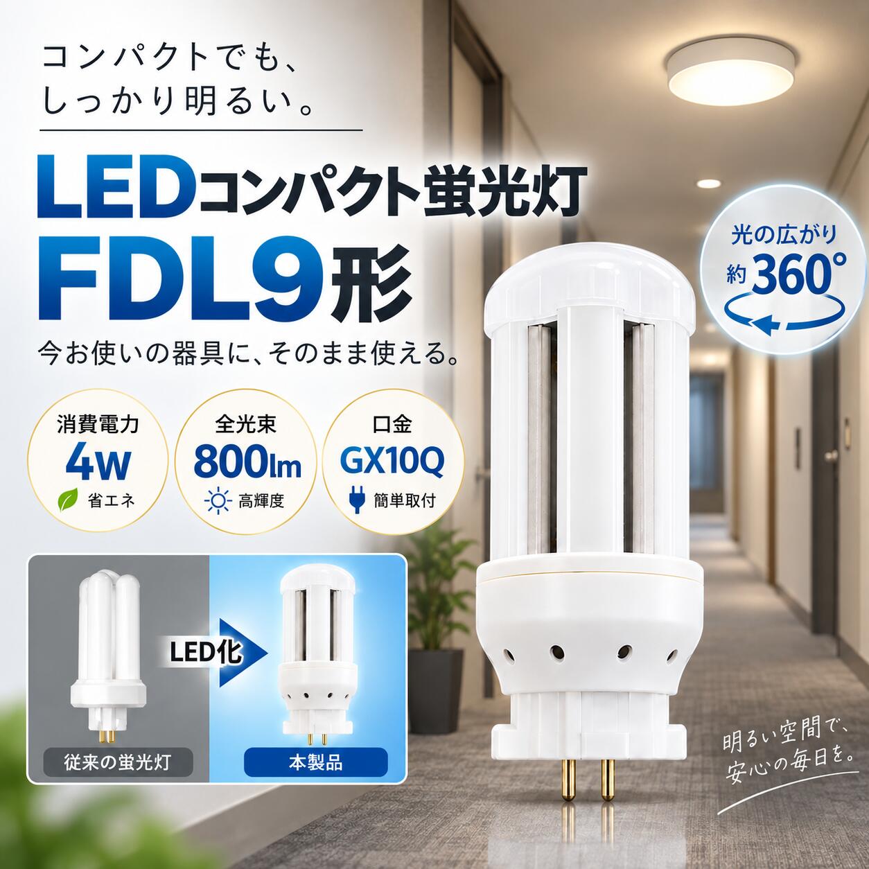 消費電力 4W 口金 GX10Q 全光束 800LM 色温度 昼光色6000K、昼白色5000K、白色4000K、電球色3000K 照射角度 360° サイズ 48*48*97mm 重量 78g 電源 電源ユニット内蔵 材質 PCカバー＋放熱板材質アルミ 平均演色評価数 Ra>85+ ノイズ対策 CISPR 15 入力電圧 AC100V/200V 定格寿命 50000h 保証期間 お買い上げから1年間 【配線工事必要】 (1)グロー式：点灯管（グロー球）を取り外してから使用可能です。(2)ラピッド式、インバーター式（安定器あり）、電気スタンド：工事が必要になります。工事をする場合は専門の業者とご相談ください。（バイパス工事は電気工事士の免許が必要です。） 【オススメポイント】 【GX10q口金】片口金構造&GX10q口金対応で、器具内配線もラクラク簡単に行えます。 【長寿命&省エネ】わずか4Wで従来の水銀灯に比べ消費電力を約60%カット!電気代もぐっと節約できる省エネ設計。 【広角照射】全方位を照らす360°広角ライト。縦置きでも横置きでも安定した明るさを実現し、オフィスや店舗、倉庫など幅広く活躍。 【優れた放熱性】高放熱アルミ基板採用で熱を効率的に逃がし、長時間点灯しても安心。さらに錆びにくい設計で、長 【乳白色PCカバー】高透光PC素材採用で、光を柔らかく拡散。空間全体を均一に照らし、目に優しい明るさを実現。さらに割れにくく、安全性も抜群です。 【瞬時点灯】瞬時点灯でストレスフリー、長寿命設計だから球切れの手間も大幅に削減! 【虫防止】電球の光には紫外線がほとんど含まれていません。虫が寄り付きにくくなります! 【高い演色性】自然光に近い平均演色。演色性に優れたLEDユニットを搭載し、Ra85以上の高い演色性を実現します。自然光に近いとされているので、文字がはっきりと見やすい。花の色や料理の色や人の肌色美しく自然に見えます。 【安全性高い】二重絶縁によるショート防止、耐熱性に優れ、低発熱で熱による劣化を防ぐ可能です。電磁波ノイズによるテレビ・ラジオの受信障害防止対策済。PSE取得済、ノイズ対策済、国際ノイズ規格のCISPR15に準拠！ 【適用場所】 ●家庭と商業両方とも利用できます。 ●家庭用：廊下、キッチン、リビングルーム、ベッドルーム、テーブルランプ、バスルームなどに設置できます。 ●業務用：事務所、オフィス、学校、病院、工場、商業ビル、廊下、階段の照明などに利用可能です。 【安心の1年保証】 お買い上げから1年間で何か不具合が発生しましたらご遠慮なくご連絡ください。無料新しい代替品を発送させていただきます。 【注意事項】 ●ラピッド式、インバータ式器具の場合は工事必要（AC100Vに直結）。安定器を取外しAC電源と直結してください。 ●工事をする場合は専門の業者に頼んでください。（バイパス工事は電気工事士の免許が必要です。） ●がたついたり、ひび割れ、破損している不安定な配線器具には取り付けないでください。（感電、落下の恐れあり） ●器具を布や紙などの可燃物で覆ったり、被せたり、燃えやすいものに近付けたりしないでください。(火災・器具過熱の恐れあり) ●器具を指示以外の分解・修理・改造・部品交換をしないでください。 ●異常・故障時は直ちに使用を中止してくだい。 ●取り付け、取り外しや清掃のときは、必ず電源を切っておいてください。（感電の恐れあり） 【検索関連キーワード】 LED FDL9EX-L FDL9EX-W FDL9EX-N FDL9EX-D GX10q-1 GX10q-2 GX10q-3 GX10q-4 GX10q-6 ツイン蛍光灯 fpl27ex-n ツイン蛍光灯led化 コンパクト蛍光ランプ led fdl9ex led fdl9w fdl13exl fdl18ex fdl18exl fdl27ex fdl27exl fdl27 fdl13ex fdl27exn fdl18 fdl18exn fdl27w ツイン蛍光灯 ledに交換 ツイン蛍光灯 27w ツイン蛍光灯 13w ツイン蛍光灯36w コンパクト蛍光灯 led化 コンパクト蛍光灯型led13w コンパクト蛍光灯 18w コンパクト蛍光灯 27w FDL9EX-NF3 FDL9EXNF3 FDL9EX-LF3 FDL9EXLF3 FDL9EX-WF3 FDL9EX-WF3 FDL9EXDF3 FDL9EXDF3（ナチュラル色）蛍光灯 ledに変えるには FDL9型 FDL9w形 ツイン2蛍光灯パラライト蛍光灯 ledランプ fdl9w×1 fdl9wランプ fdl9形led fdl9w 点灯器 LEDツイン2 fdl9exw LED fdl9ex l LED FDL9EXをLEDに交換 hfツイン2 ツイン2蛍光灯 ledコンパクト蛍光灯fpl32exn fdl13ex l LEDライト led 安定器 高天井用led照明 工場用led照明 交換 インテリア 照明器具 FDL9代替用 led照明器具 ledに変えるには FDL9形交換用 店舗照明 施設照明 室内照明 ガーデンライト シンプル 電気 ledコンパクト蛍光灯 コンパクト形蛍光ランプ 4本束状ブリッジ FDL9EXをLEDに交換 ツイン2蛍光灯 グロー式 インバーター式 ラピッド式 電気スタンド FDL18EX FDL13EX FDL27EX グロー式工事不要【お得なまとめ買い】 1本 4本セット 6本セット 8本セット 10本セット 20本セット 30本セット 50本セット 100本セット 200本セット