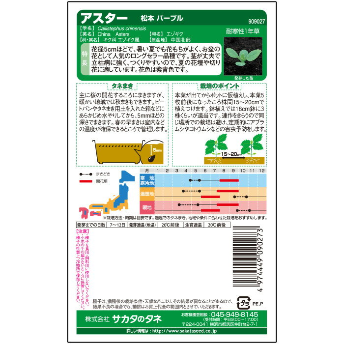 【サカタのタネ公式】 アスター 種 小袋 約550粒 パープル 松本 パープル 花 春まき 秋まき 夏 秋 鉢植え 地植え 切り花 プランター 鉢 仏花 ベランダ栽培 ガーデニング 園芸 菊 キク 種子 タネ たね