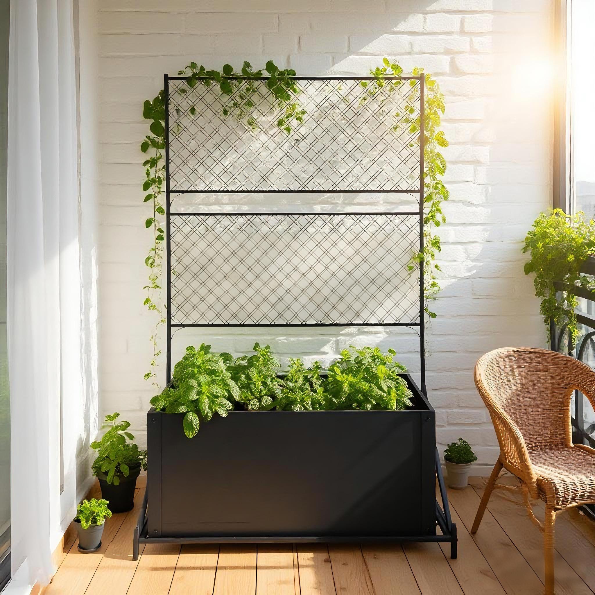 ガーデンラック 屋外 プランター付きフェンス フラワーラック プランターラック キャスター付き 植物用..