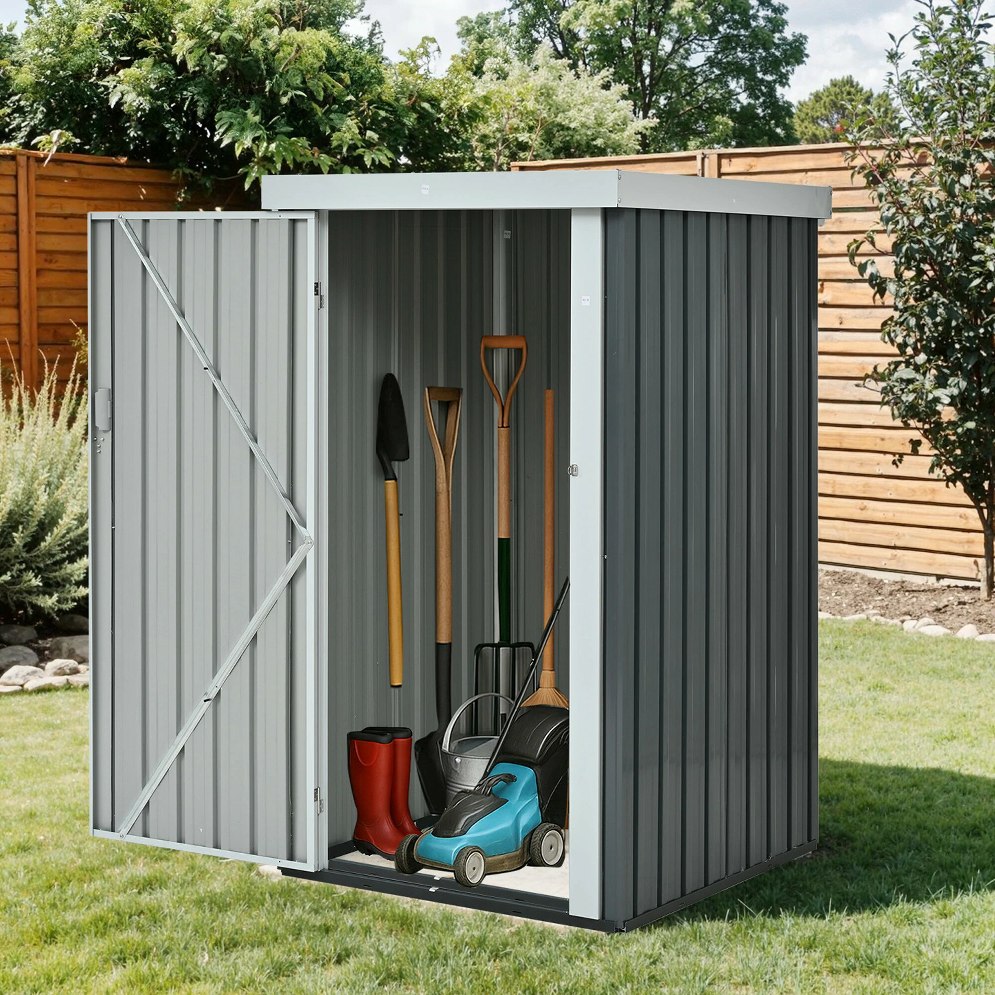 【容量1480L】物置 物置き 屋外 L96*W94*H165cm スチール 倉庫 戸外収納庫 収納庫 屋外物置 物置き 施錠機能付き 大型 収納庫 屋外物置 ベランダ ドア 引戸 スチール物置 屋外収納 ガーデニング 庭 スチール物置 屋外収納 ガーデニ(4)