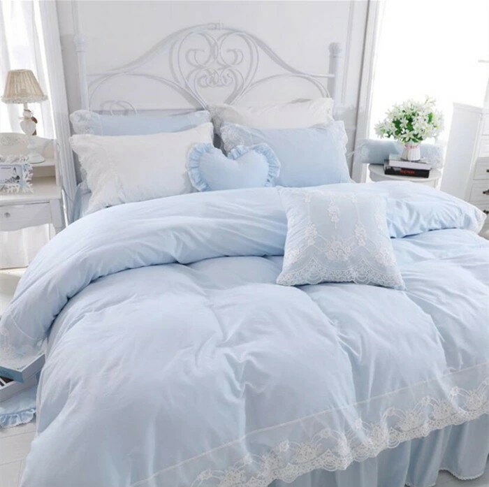 寝具カバーセット 3点セット シングル 上品 高級感 姫系 レース 綿100% 肌触り良い 布団カバー ベッドスカート 枕カバー 新作 きれいめ 柔らかい ピロケース プレゼント 韓国風 洋式・和式兼用 全5色 ブルー/ピンク/ホワイト/パープル/グリーン