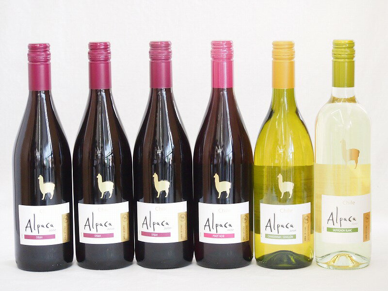 【最大2000円オフクーポン26日1:59迄】チリ産ワインアルパカ6本セット(赤ピノ・ノワール(ミディアムボディ) 赤シラー(フルボディ) 白シャルドネ・セミヨン(辛口) 白ソーヴィニヨン・ブラン(辛口)) 750ml×6本