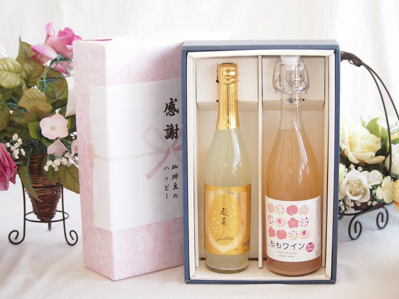 感謝の贈り物ボックス果物リキュール桃×梨特集2本セット(アデカ ももワイン甘口 5度(千葉県) 老松酒造 ..