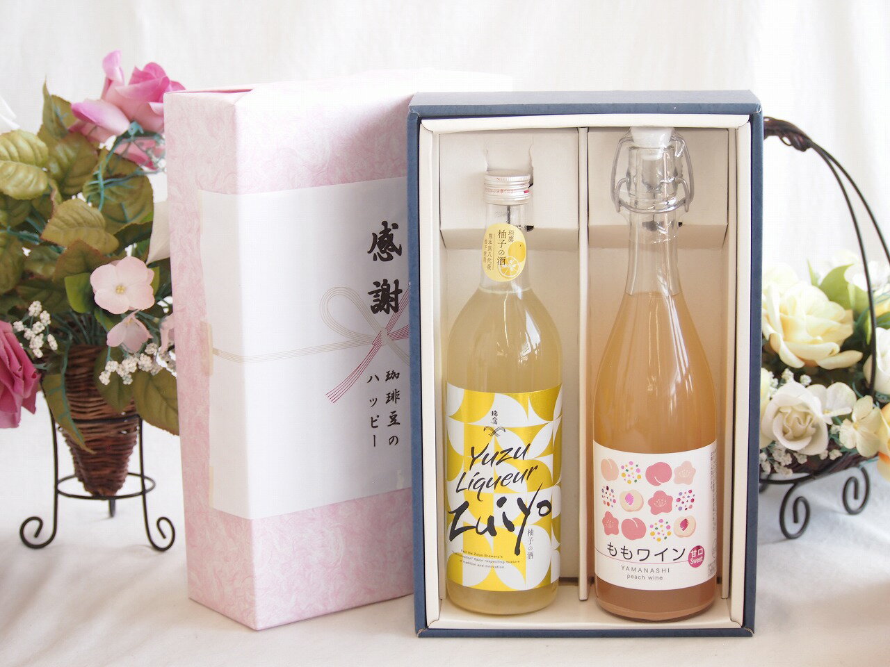 感謝の贈り物ボックス果物リキュール桃×梨特集2本セット(アデカ ももワイン甘口 5度(千葉県) 瑞鷹 柚子..
