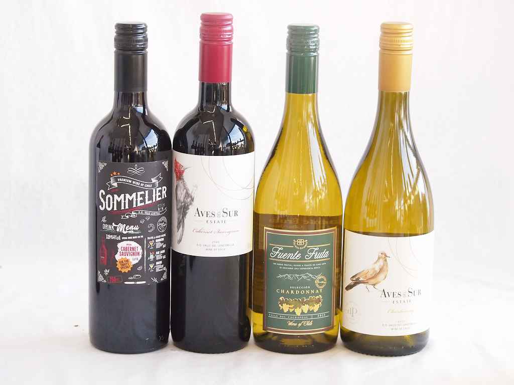 人々に愛されチリ赤白ワイン 4本セット(ソムリエ カベルネ ソーヴィニヨン赤 デル スール カベルネ ソーヴィニヨン赤 デル・スール シャルドネ白 フエンテ フルータ シャルドネ白) 750ml×4本