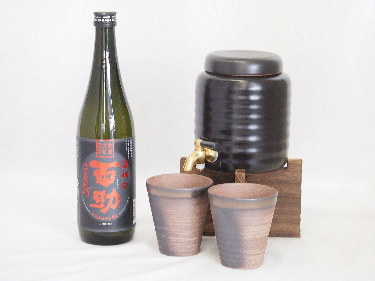 本格焼酎サーバー1000cc(18cm×24cm 1kg)三重県萬古焼き備前金彩ペアカップ(200ml×2個)井上酒造 本格麦焼酎 精白百助 (大分県) 720...