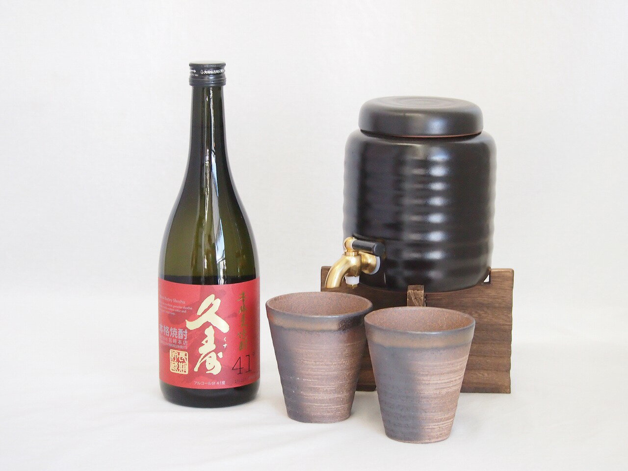 本格焼酎サーバー1000cc(18cm×24cm 1kg)三重県萬古焼き備前金彩ペアカップ(200ml×2個)宮崎本店 本格麦焼酎 長期貯蔵久寿41° (三重県...