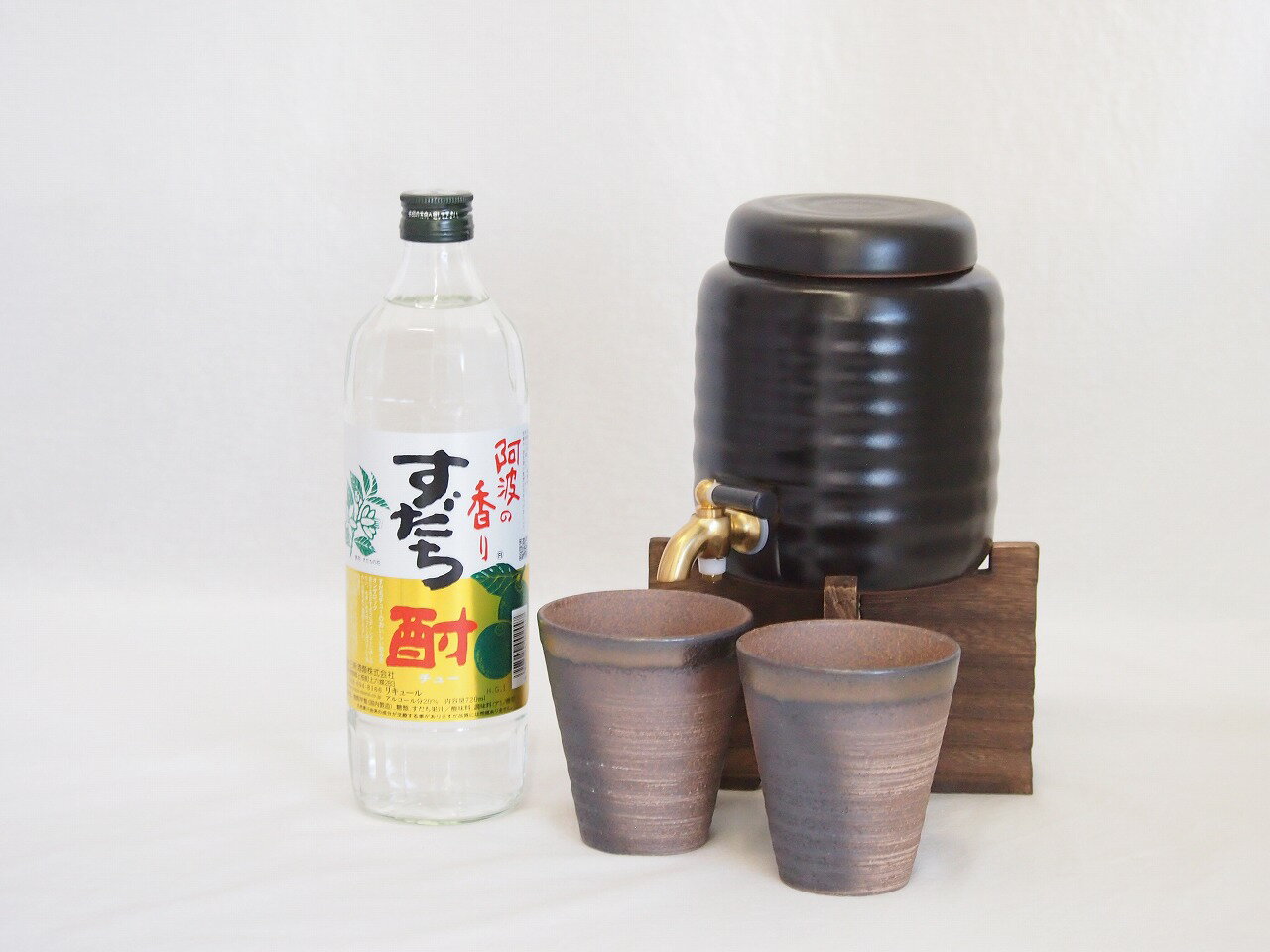 本格焼酎サーバー1000cc(18cm×24cm 1kg)三重県萬古焼き備前金彩ペアカップ(200ml×2個)日新酒類 阿波の香りすだち酎 (徳島県) 720m...