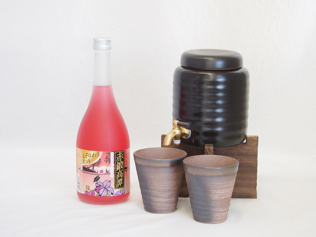 本格焼酎サーバー1000cc(18cm×24cm 1kg)三重県萬古焼き備前金彩ペアカップ(200ml×2個)合同酒精 赤城紫蘇焼酎赤鍛高譚(北海道) 720m...