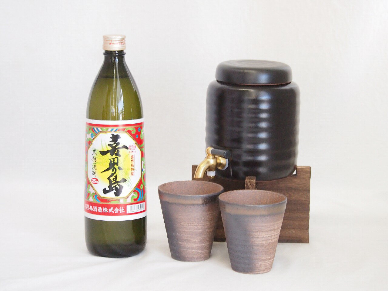 本格焼酎サーバー1000cc(18cm×24cm 1kg)三重県萬古焼き備前金彩ペアカップ(200ml×2個)喜界島酒造 黒糖焼酎 喜界島 (鹿児島県) 900ml×1本