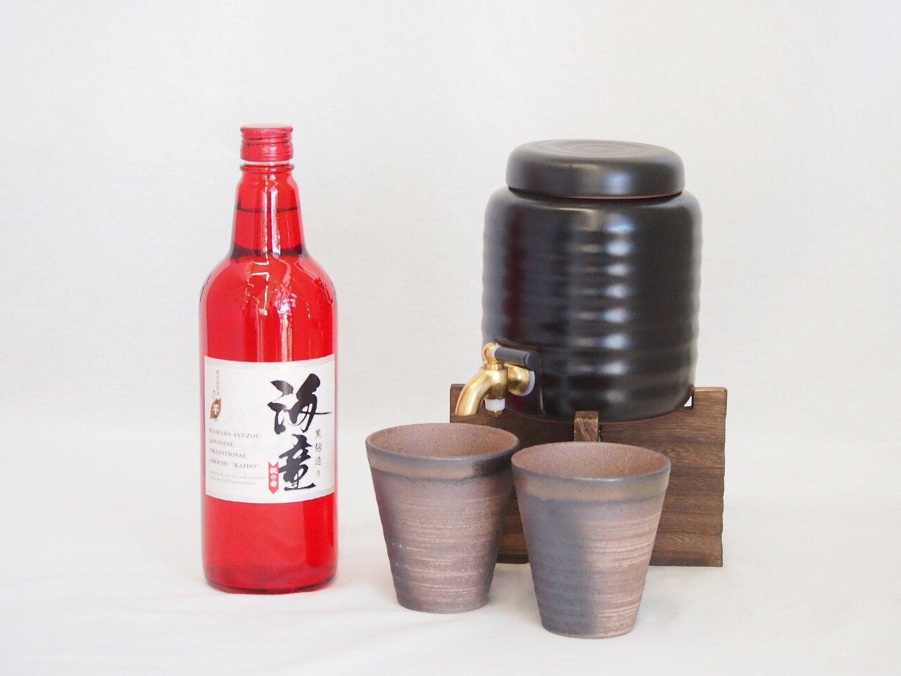 本格焼酎サーバー1000cc(18cm×24cm 1kg)三重県萬古焼き備前金彩ペアカップ(200ml×2個)濱田酒造 本格芋焼酎 黒麹造り海童祝の赤 (鹿児島...