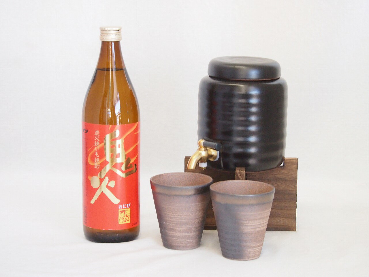 本格焼酎サーバー1000cc(18cm×24cm 1kg)三重県萬古焼き備前金彩ペアカップ(200ml×2個)田崎酒造 本格芋焼酎 炭火焼きいも使用鬼火 (鹿児...