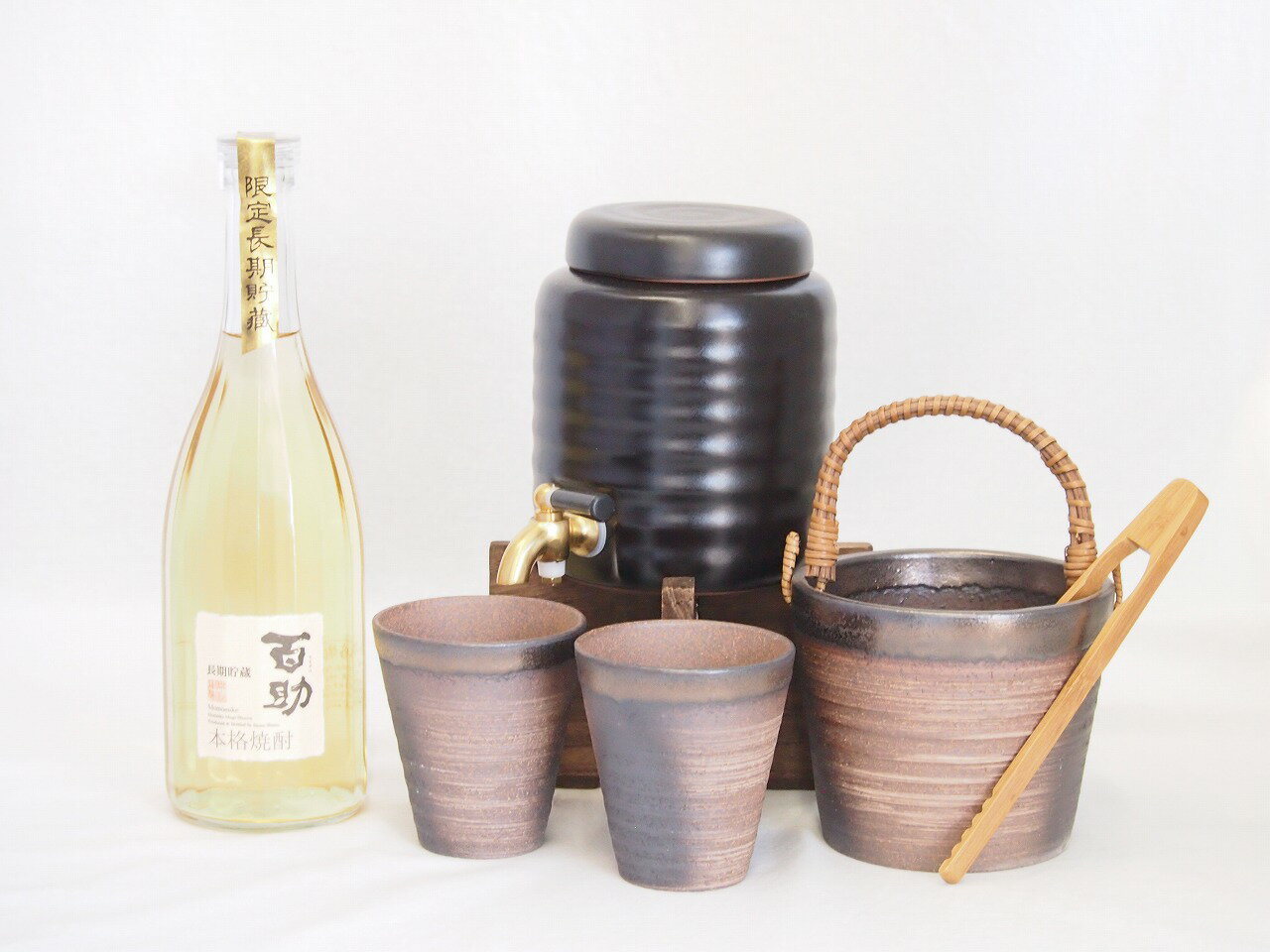 本格焼酎サーバー1000cc(18cm×24cm 1kg)萬古焼ペアカップ氷入れ竹トングセット井上酒造 長期貯蔵本格麦焼酎 百助 (大分県)l 720ml×1本