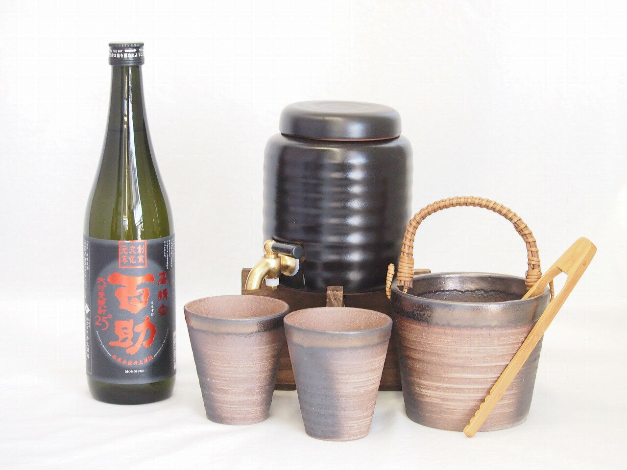 本格焼酎サーバー1000cc(18cm×24cm 1kg)萬古焼ペアカップ氷入れ竹トングセット井上酒造 本格麦焼酎 精白百助 (大分県) 720ml×1本