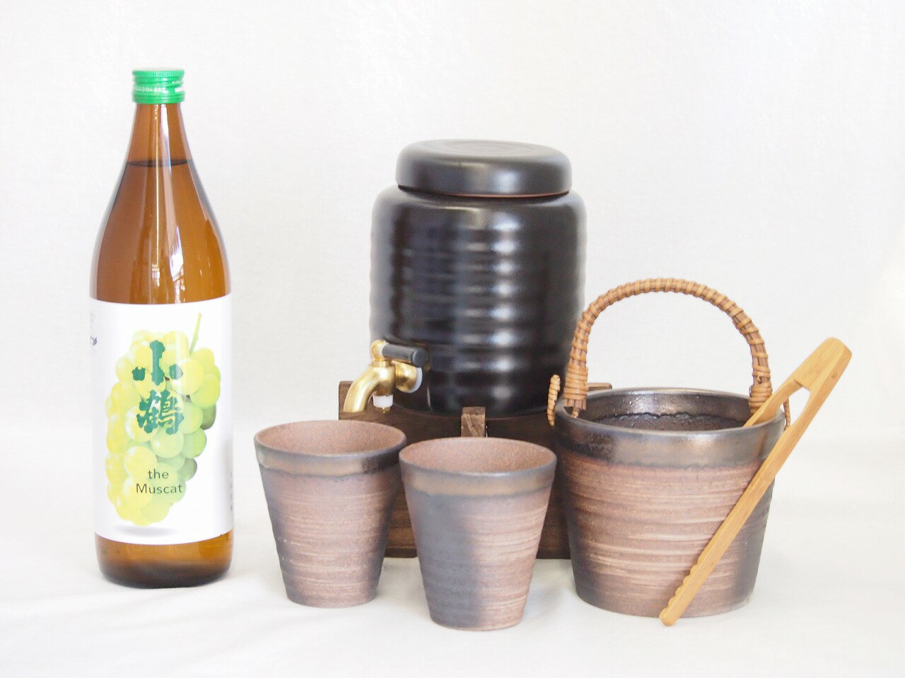 本格焼酎サーバー1000cc(18cm×24cm 1kg)萬古焼ペアカップ氷入れ竹トングセット小正醸造 果物の香り系芋焼酎小鶴ザ・マスカット 900ml×1本