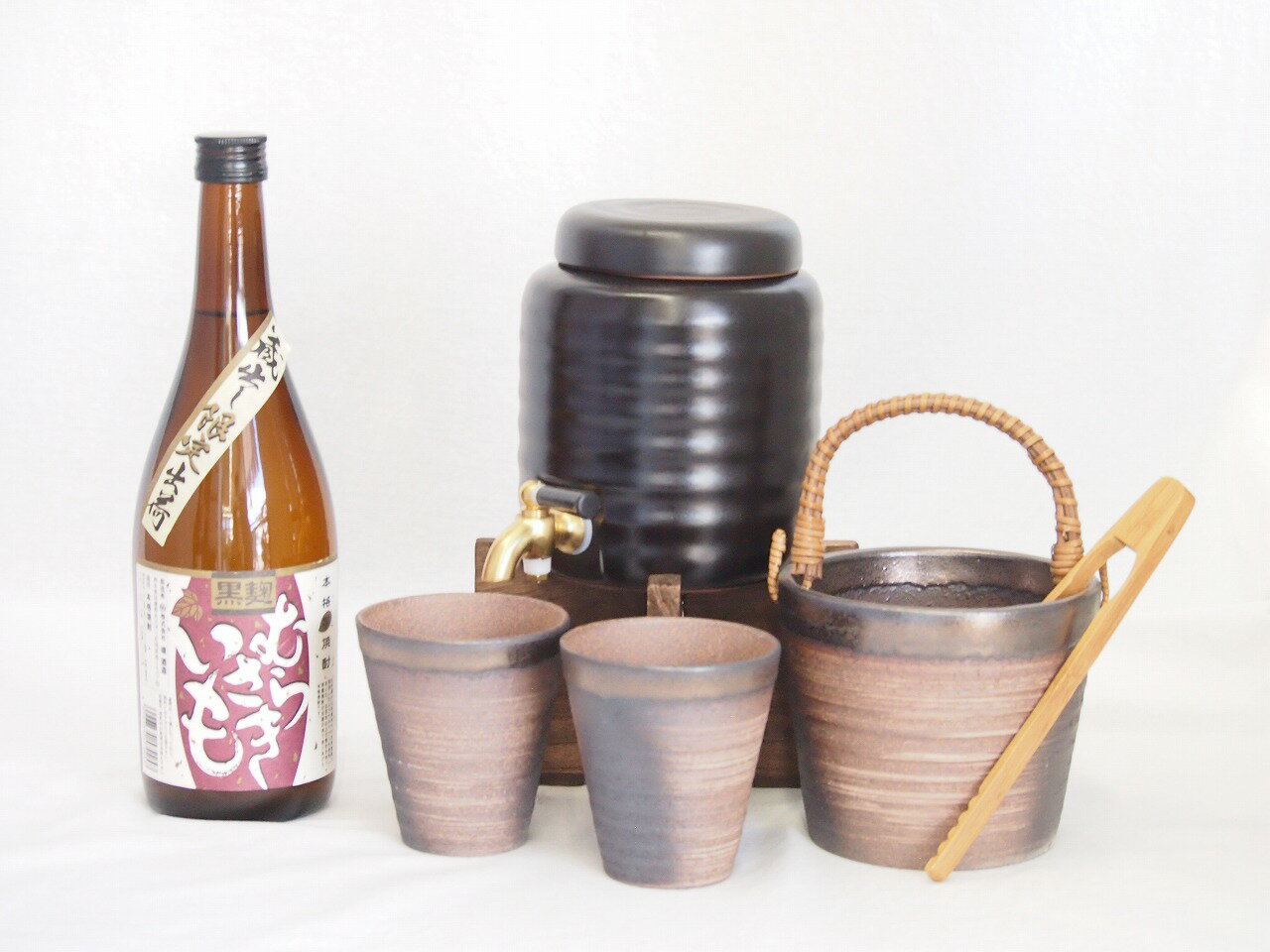 本格焼酎サーバー1000cc(18cm×24cm 1kg)萬古焼ペアカップ氷入れ竹トングセット堤酒造 本格芋焼酎 黒麹むらさきいも (熊本県) 720ml×1本