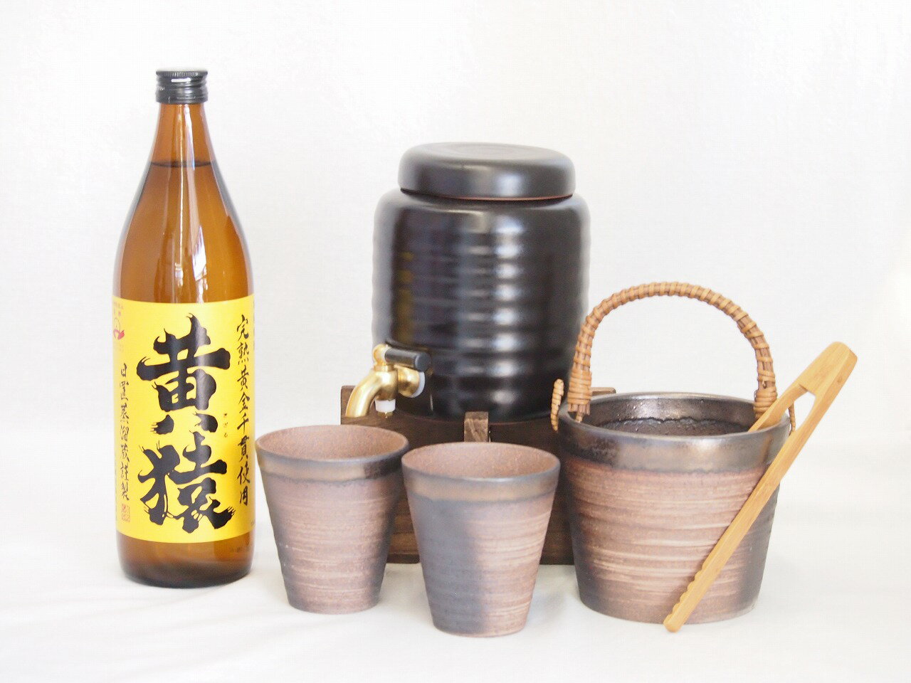 本格焼酎サーバー1000cc(18cm×24cm 1kg)萬古焼ペアカップ氷入れ竹トングセット小正醸造 芋焼酎 完熟黄金千貫使用黄猿 (鹿児島県) 900ml×...