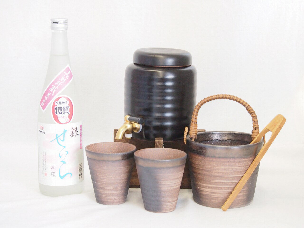 本格焼酎サーバー1000cc(18cm×24cm 1kg)萬古焼ペアカップ氷入れ竹トングセット喜界島酒造 庵美黒糖焼酎せいら銀 (大分県) 720ml×1本