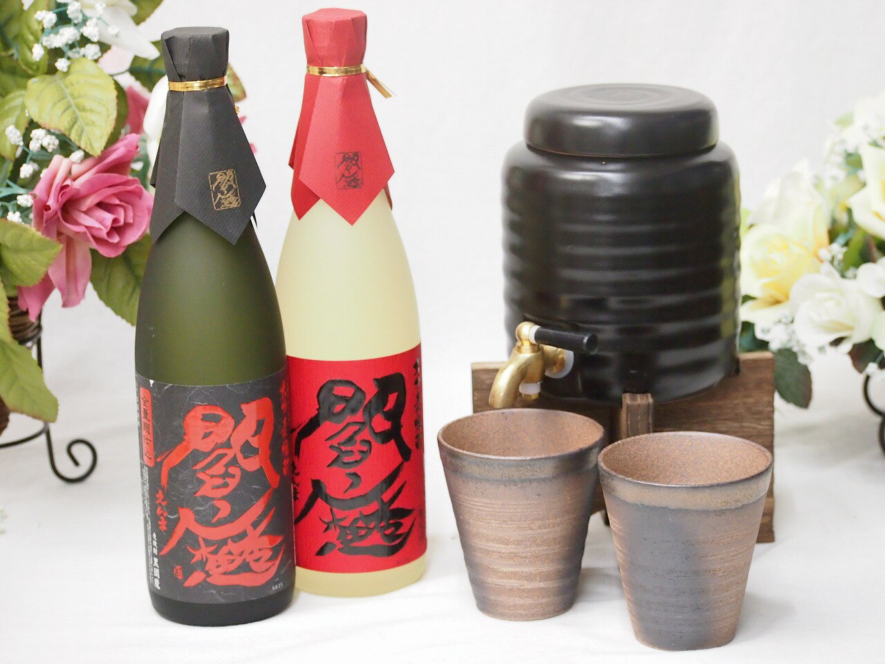 焼酎付セット 楽天スーパーセール/本格焼酎サーバー1000cc(18cm×24cm 1kg)萬古焼きペアカップ付セット(老松酒造 大分麦焼酎 閻魔 黒閻魔25度 720ml×2本) 焼酎サーバー説明書付