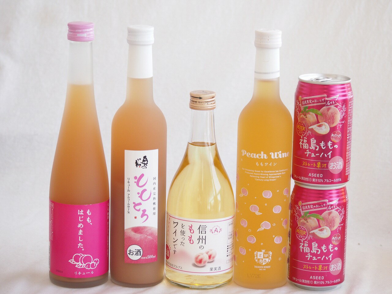 桃の果実感6本セット(高畠ももワイン7度(山形県) 奥の松 ももとろ7 度(福島県) ももはじめました もも梅酒8度(福岡県) アルプス 信州のももを使ったワインです4度(長野県) アシードブリュー 福島もものチューハイ缶5度(栃木県)) 500ml×4