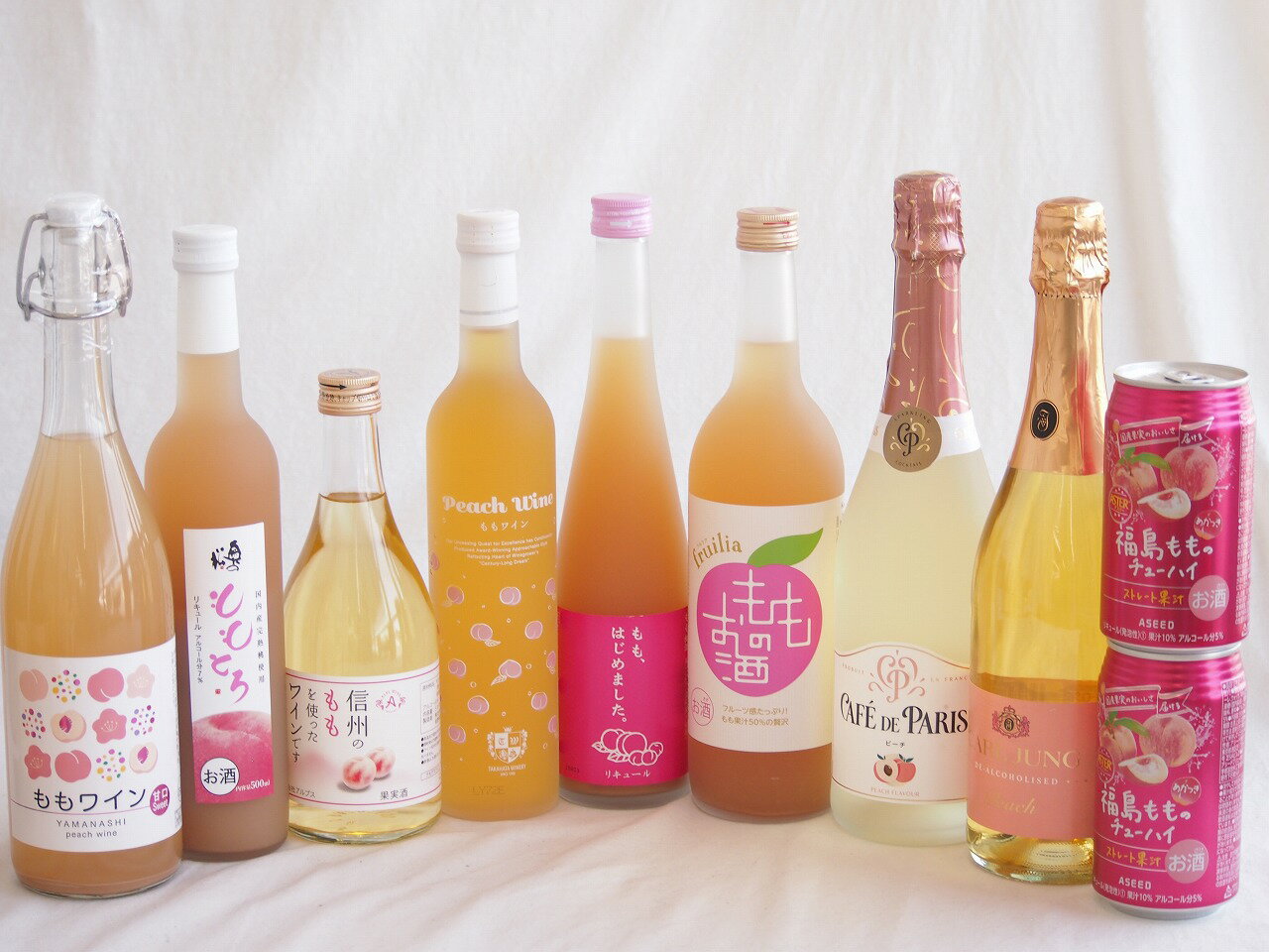 桃の果実感10本セット(高畠ももワイン7度(山形県) 中埜もものお酒 7度(愛知県) カフェド パリ ピーチスパークリングワインやや甘口6度(フランス) アデカ ももワイン甘口 5度(千葉県) 奥の松 ももとろ7 度(福島県) ももはじめました もも梅酒