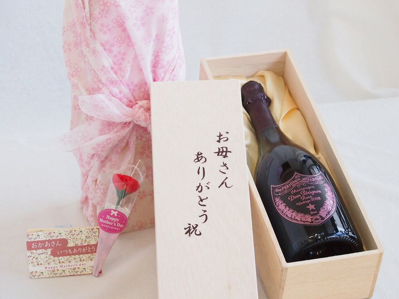 お誕生日や母の日に お母さんありがとう木箱セット ドンペリニヨンピンク ロゼ シャンパン (フランス) 750ml 母の日カードとカーネイション付のサムネイル