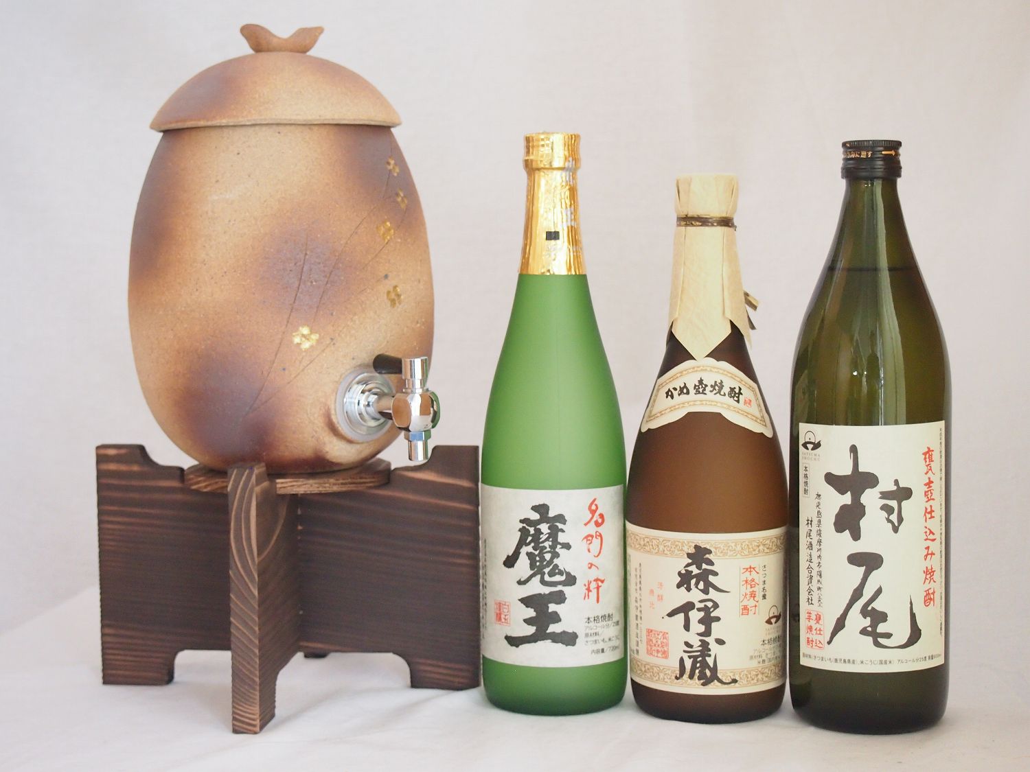 森伊蔵 信楽焼・明山窯　焼酎サーバー　火色金小紋　2200cc(滋賀県)芋焼酎3本セット 魔王720ml 森伊蔵720ml 村尾900ml(鹿児島)