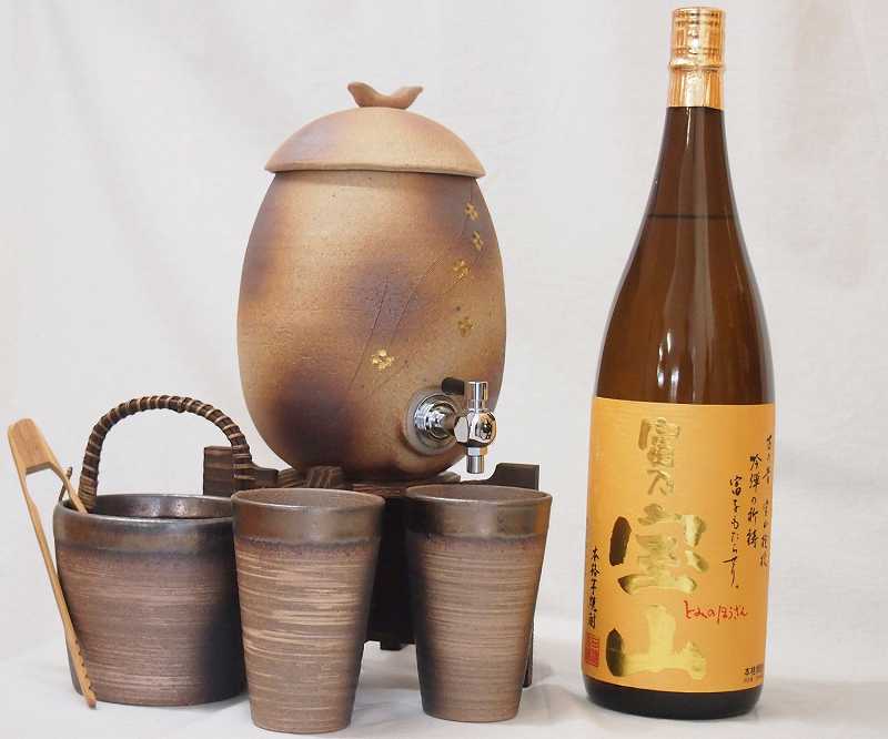 信楽焼・明山窯 焼酎サーバー 火色金小紋 2200cc(滋賀県)+萬古焼・備前金彩焼酎ペアカップ 氷入れ(三重県)+芋焼酎 西酒造 富乃宝山 1800ml(鹿児...