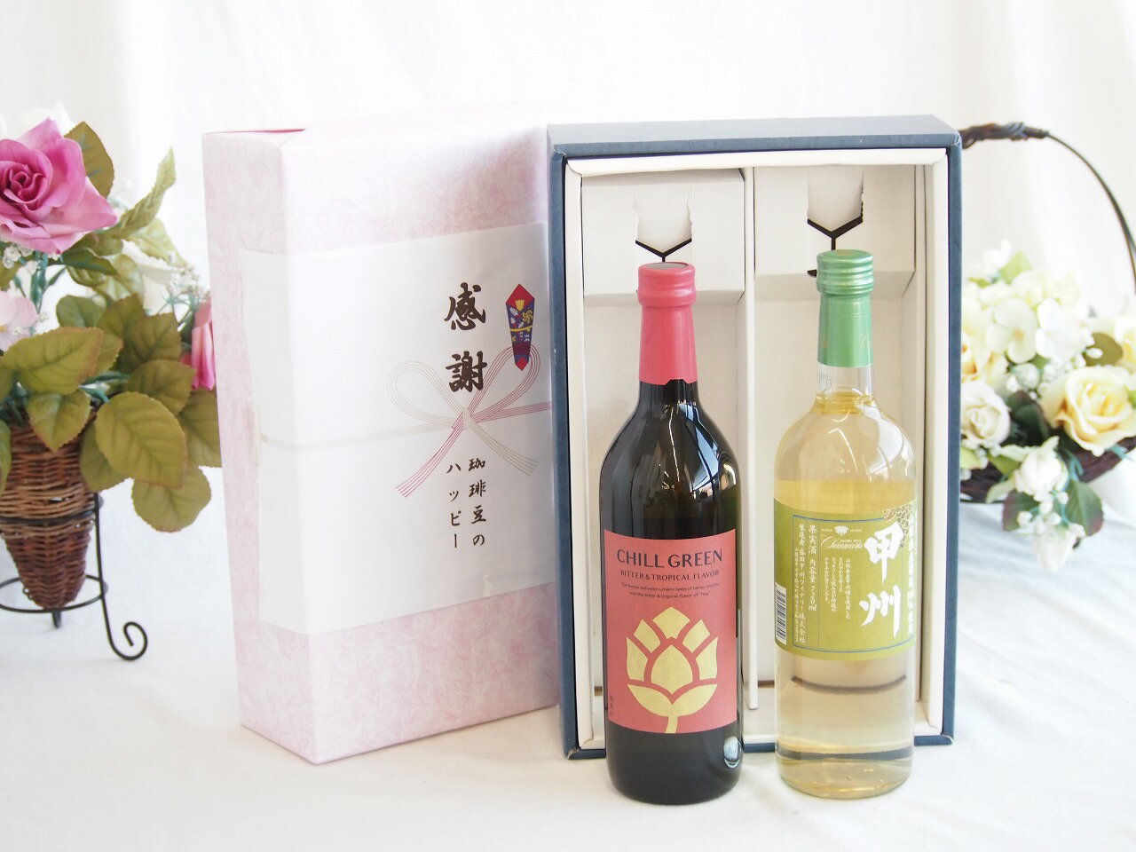 感謝の贈り物ボックス マーガオの柑橘香麦焼酎と国産ワインセット(山梨県産葡萄100％使用 甲州白ワイン やや辛口(山梨県)720ml濱田酒造 麦焼酎 チルグリーン ビター＆トロピカル(長崎県) 750ml