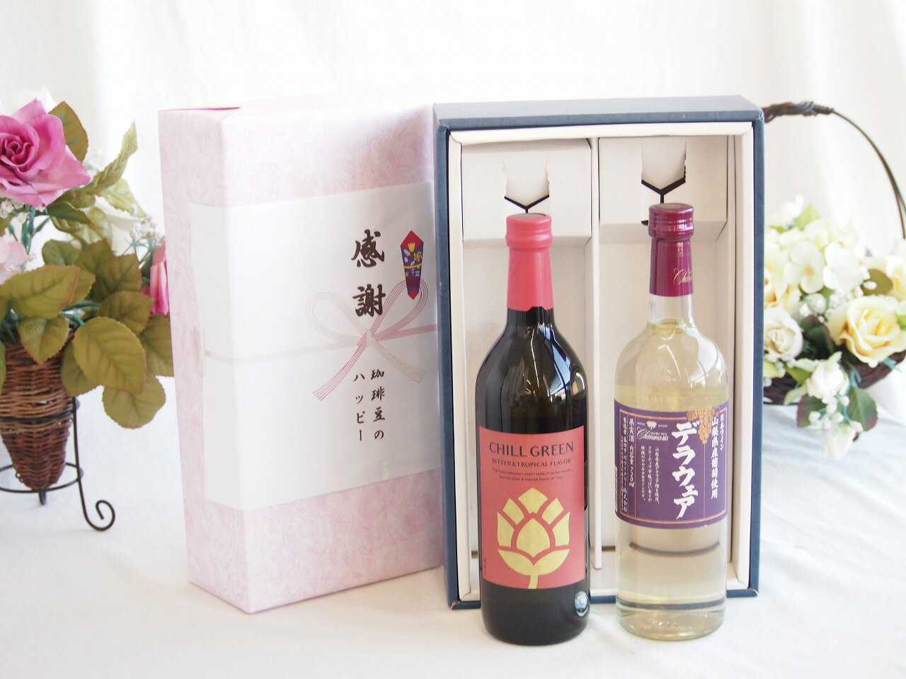 【最大2000円オフクーポン26日1:59迄】感謝の贈り物ボックス マーガオの柑橘香麦焼酎と国産ワインセット(山梨県産葡萄使用 デラウエア白ワイン やや辛口(山梨県)720ml濱田酒造 麦焼酎 チルグリーン ビター＆トロピカル(長崎県) 750ml