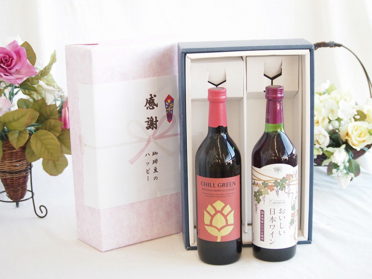 【最大2000円オフクーポン26日1:59迄】感謝の贈り物ボックス マーガオの柑橘香麦焼酎と国産ワインセット(国産葡萄100％使用 おいしい日本ワイン 赤ワイン 中口(山梨県)720ml濱田酒造 麦焼酎 チルグリーン ビター＆トロピカル(長崎県) 750ml