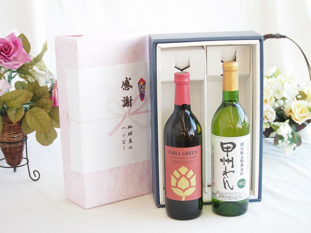 【最大2000円オフクーポン26日1:59迄】感謝の贈り物ボックス マーガオの柑橘香麦焼酎と国産ワインセット(おたる醸造 旅路orange 白ワイン やや辛口(北海道)720ml濱田酒造 麦焼酎 チルグリーン ビター＆トロピカル(長崎県) 750ml