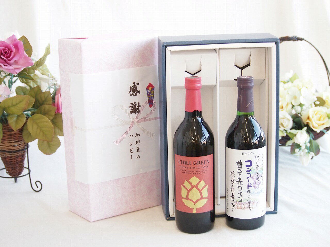 感謝の贈り物ボックス マーガオの柑橘香麦焼酎と国産ワインセット(酸化防止剤無添加 信州コンコード赤ワイン 甘口(長野県)720ml濱田酒造 麦焼酎 チルグリーン ビター＆トロピカル(長崎県) 750ml