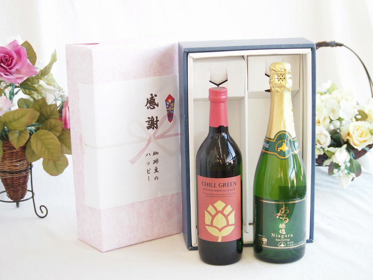 【最大2000円オフクーポン27日1:59迄】感謝の贈り物ボックス マーガオの柑橘香麦焼酎と国産ワインセット(おたる醸造 ナイアガラス白パークリングワインやや甘口(北海道)720ml濱田酒造 麦焼酎 チルグリーン ビター＆トロピカル(長崎県) 750ml