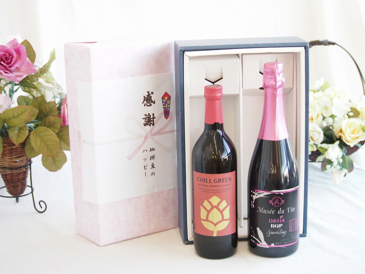 【最大2000円オフクーポン26日1:59迄】感謝の贈り物ボックス マーガオの柑橘香麦焼酎と国産ワインセット(MdV オアシス ブラッククイーンピンクロゼスパークリングワイン辛口(長野県)750ml濱田酒造 麦焼酎 チルグリーン ビター＆トロピカル(長崎県) 750ml