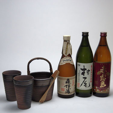 豪華酒器セット陶芸作家　安藤嘉規作（特選本格芋焼酎3本セット　森伊蔵720ml　村尾900ml　赤霧島900ml）焼酎ギフト