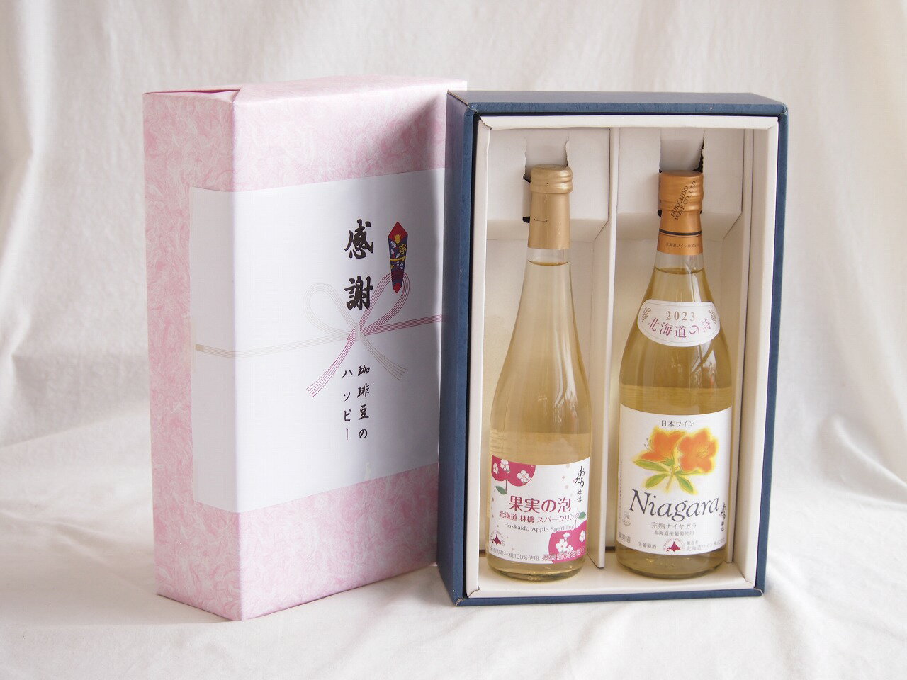 【最大2000円オフクーポン26日1:59迄】感謝の贈り物ボックス林檎スパークリングと国産ワインセット(北海道の詩 完熟ナイヤガラ白ワイン 甘口(北海道)720ml果実の泡 北海道林檎スパークリング500ml