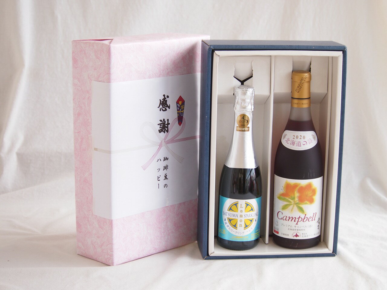 【最大2000円オフクーポン26日1:59迄】感謝の贈り物ボックス瀬戸内産レモン薩摩流の炭酸リキュールと国産ワインセット(北海道の詩 プレミアムキャンベル赤ワイン 甘口(北海道)720ml信州シャインマスカット＆ナイアガラスパークリング500ml