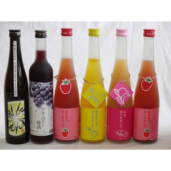 果実リキュール6本セット 紀州産 南高梅使用ブルーベリー梅酒 500ml（和歌山）・小野屋のかぼす（大分） 500ml 篠崎 あまおう梅酒・ゆず梅酒・もも梅酒・あまおう梅酒500ml（福岡県） 500ml×6本●●●★小野屋酒造　小野屋のかぼす　500ml（大分県）☆カボスの本場、大分県田竹田市の農家が育てたカボスと、小野酒造が造る自慢の麦焼酎をブレンドして出来上がった、甘酸のバランスの整ったカボスのリキュールです。★紀州産 南高梅使用ブルーベリー梅酒 500ml（和歌山）☆甘さひかえめですっきりとした、ワイルドブルーベリーならではのナチュラルな風味。ブルーベリー本来のおいしさと梅の風味が口いっぱいにひろがる、甘酸っぱい梅酒です。★篠崎　あまおう梅酒　500ml（福岡県）☆「あまおう梅酒」は、弊蔵で大切にお造りした梅酒に、福岡産ブランドいちご「あまおう」を贅沢にブレンドしたプレミアムな梅酒です。★篠崎　ゆず梅酒　500ml（福岡県）☆日本一の生産を誇る高知県の馬路村のゆず果汁を贅沢に使用し、当蔵で丁寧に仕込んだ本格梅酒とあわせました。スッキリした香りが楽しめるゆず梅酒。冷たく冷やして、ストレート・オンザロックでお召し上がりください。★篠崎　もも梅酒　500ml（福岡県）☆選び抜いた地元福岡県朝倉産の天然桃果実を農家から直接買い付けあら搾りし、蔵で大切に作った本格梅酒と合わせました。冷たく冷やして、ストレート・オンザロックでお召し上がりください。