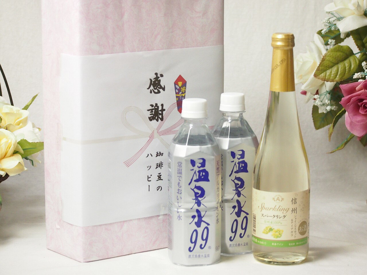 【最大2000円オフクーポン29日1:59迄】春の贈り物便り 感謝の贈り物ボックス 温泉水2本と国産ワインセット(信州シャインマスカット＆ナイアガラ スパークリングワインやや甘口(長野県)500ml温泉水99 500ml×2本